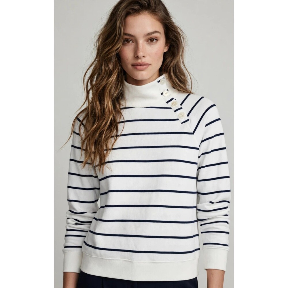 J.Crew Preppy White Navy Striped Sweatshirt Womens S Mock Neck Button Collar